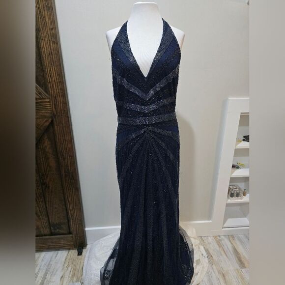 Aidan Mattox Beaded Halterneck Gown NWOT size 14 Navy Blue - Picture 3 of 6
